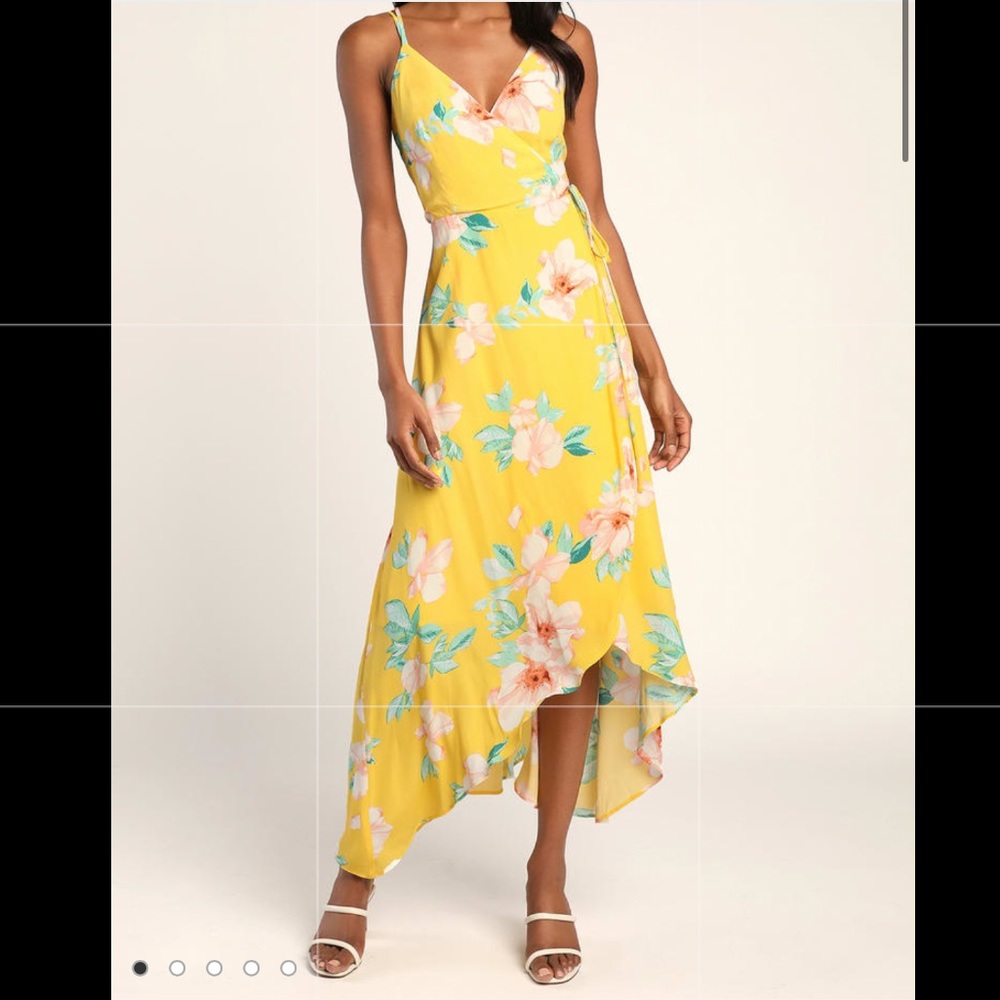NWT Lulu’s Yellow Floral Print High-Low Wrap Midi Dress 🌺